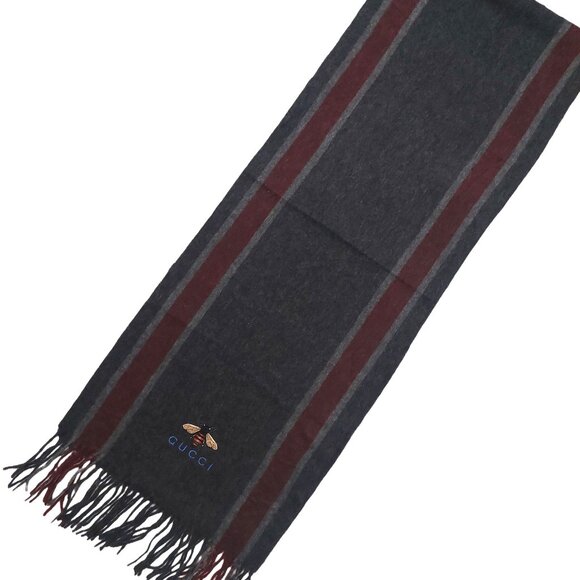 Gucci Vintage Gray & Burgundy Stripe Scarf w Embroidered Bee Logo - Picture 2 of 11